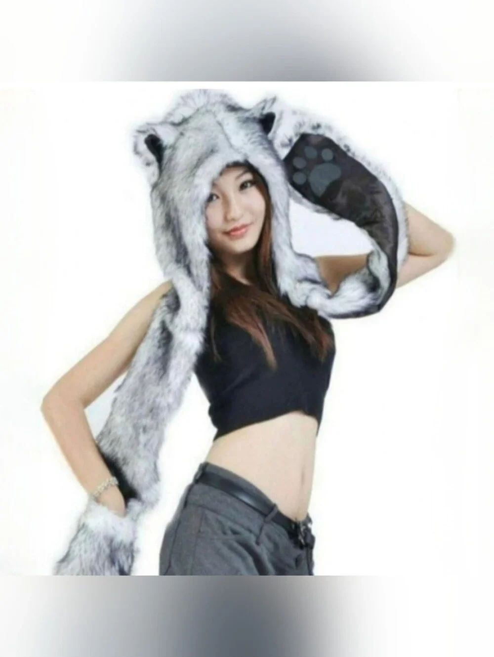 Amazon white winter wolf faux fur wolf ears paws as scarf mittens hat hood NWOT
